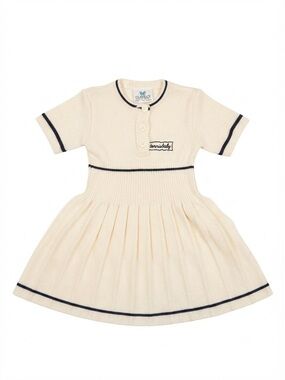 Cream Knit Fit-and-Flare Kids Dress with Navy Trim, Tennis dress, French